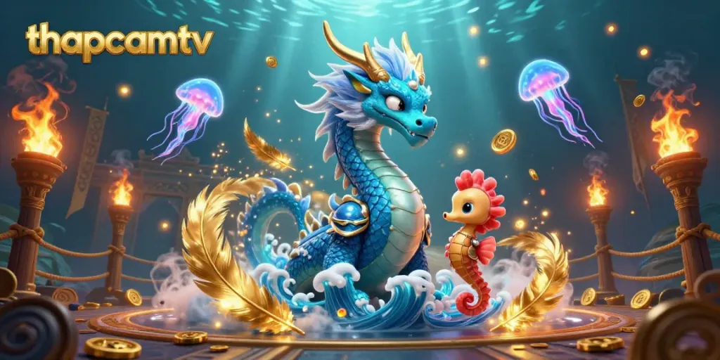 Engage in thrilling gambling action with thapcamtv as a vibrant underwater scene unfolds with dynamic characters and casino elements.