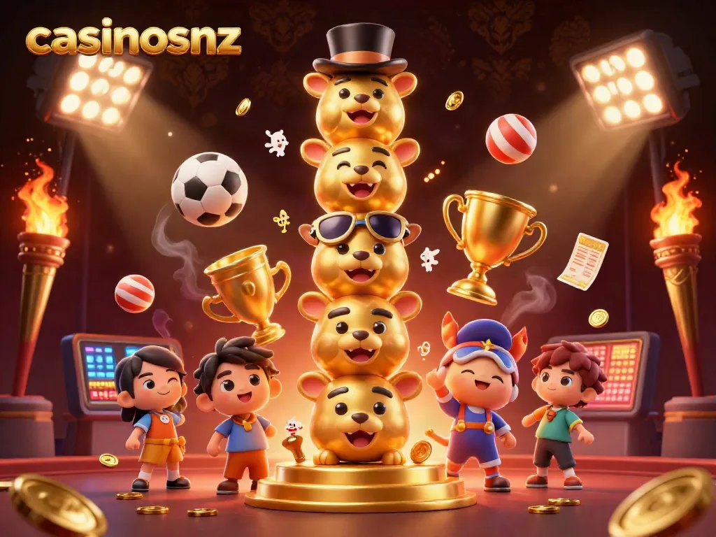 Engage with casinosnz's vibrant 3D casino atmosphere, featuring dynamic sports elements and a golden totem pole.