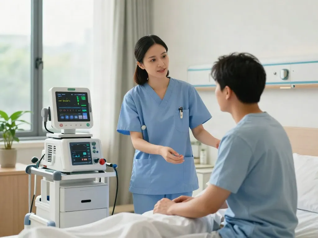 Nhân viên y tế đang hỗ trợ bệnh nhân trong phòng bệnh hiện đại, với thiết bị theo dõi sức khỏe n188.