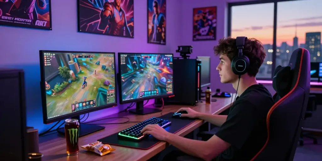 Engaging bigdewa login gaming scene with vibrant digital workspace and energetic atmosphere.