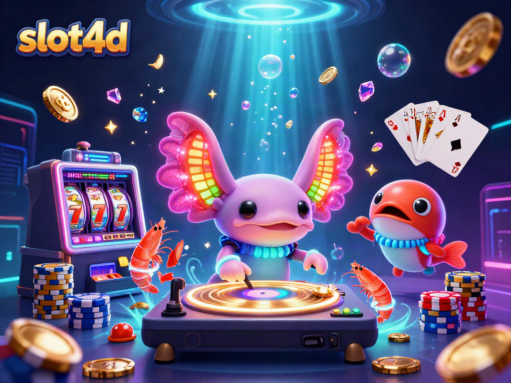 Experience excitement with slot4d as a neon axolotl DJ spins golden records in a vibrant underwater casino.