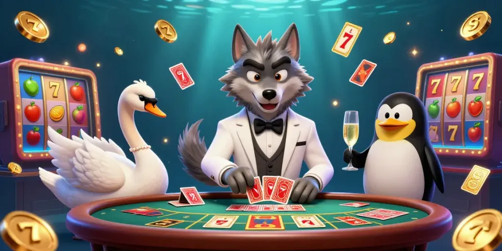 Play slot mahjong with exciting characters at a baccarat table, surrounded by sparkling coins and dynamic game elements.