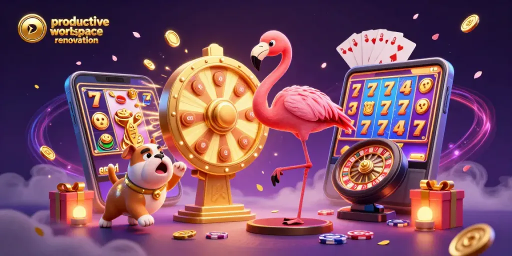Engage in productive workspace renovation with thrilling casino elements in an electrifying 3D illustration.
