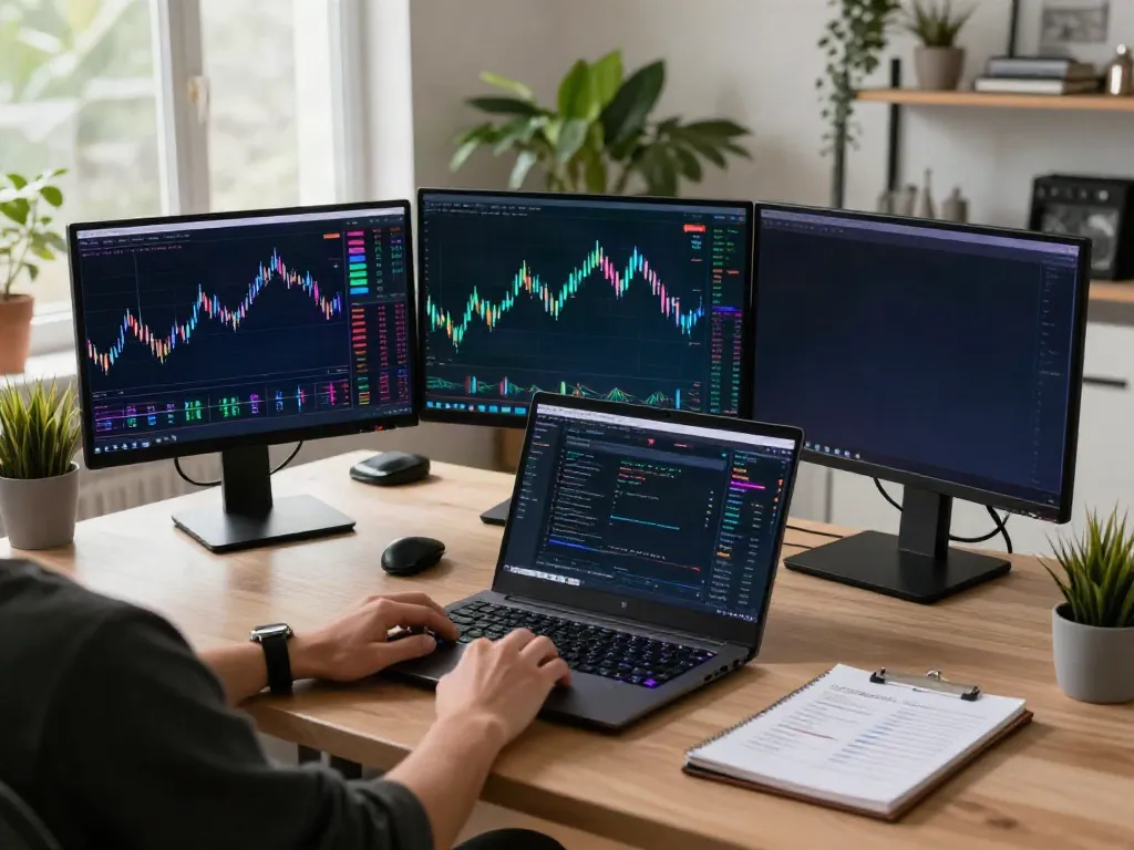 股票行情接口 with advanced cryptocurrency trading setup showing real-time charts and digital wallets.