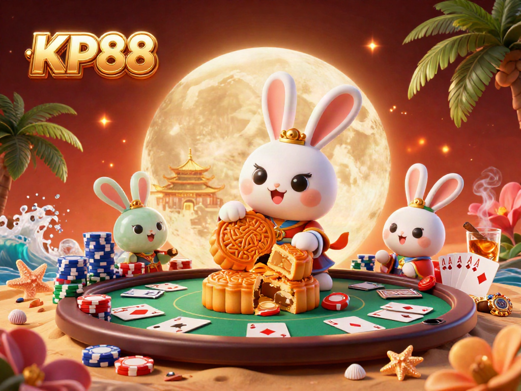 KP88 showcases a vibrant scene with moon rabbits, poker chips, and casino elements for gamblers seeking thrills.