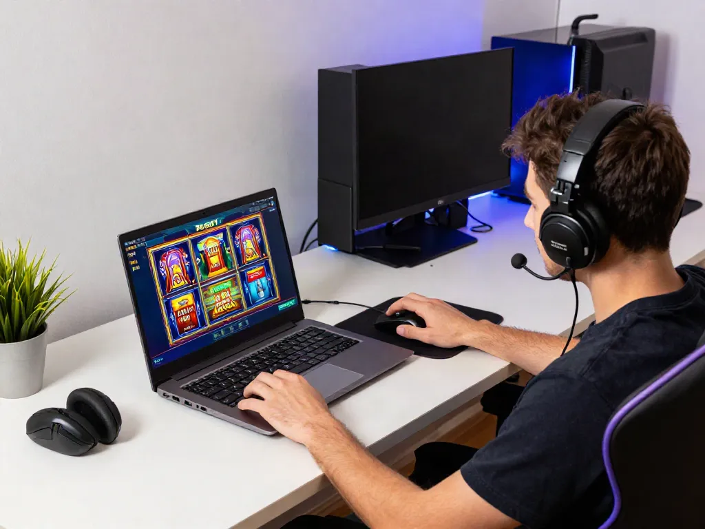 Player engaging with PG SOFT slots on a vibrant gaming setup, showcasing a slot server thailand experience.