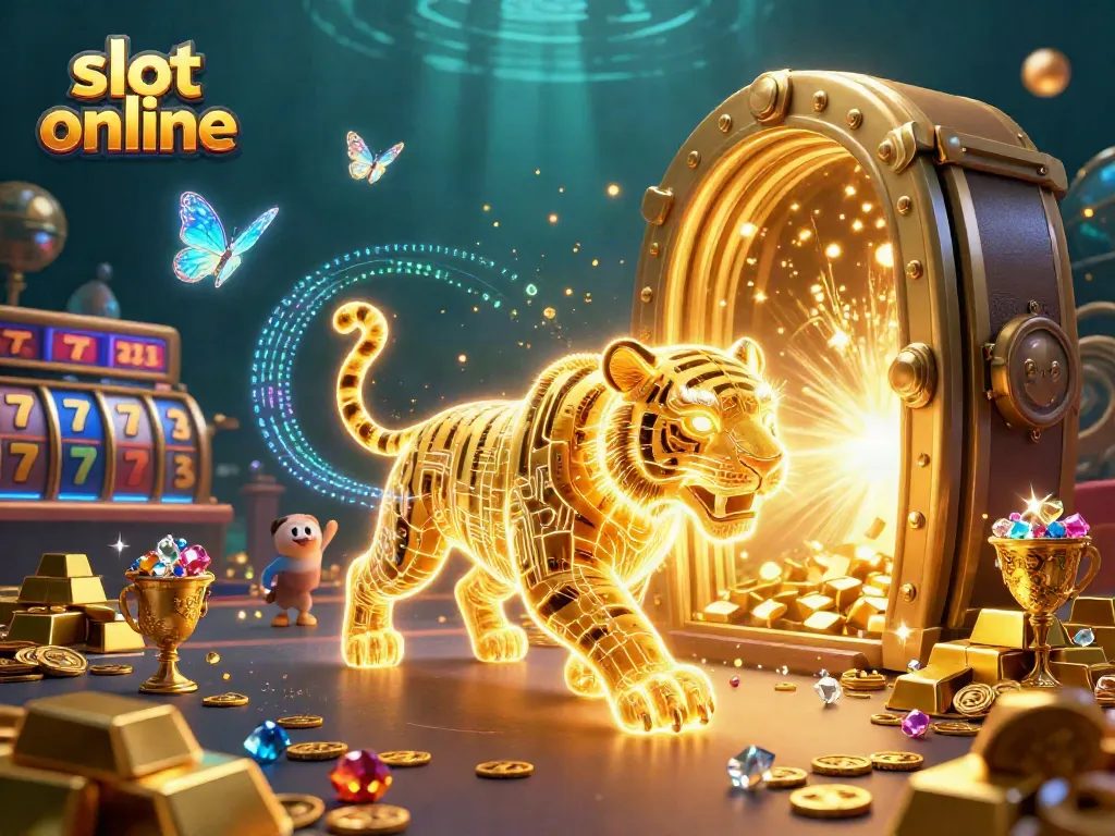 Putar slot online dengan macan emas dan efek sinar menawan, permainan kasino digital.