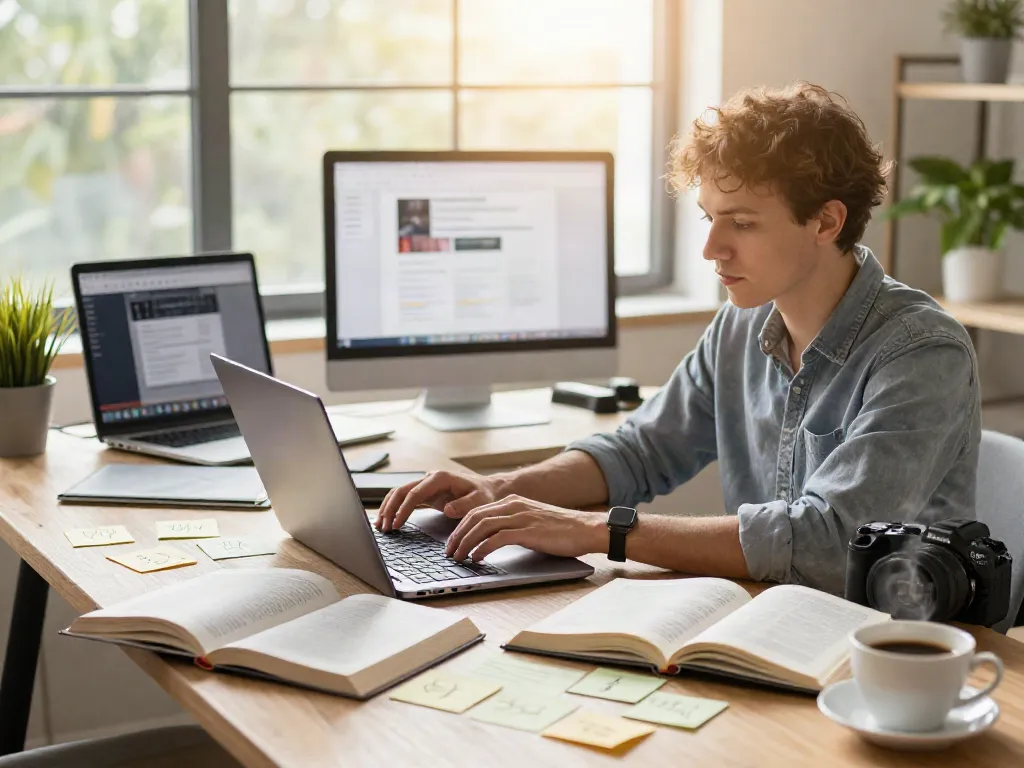 Writer crafting an article in a bright workspace with books and notes.