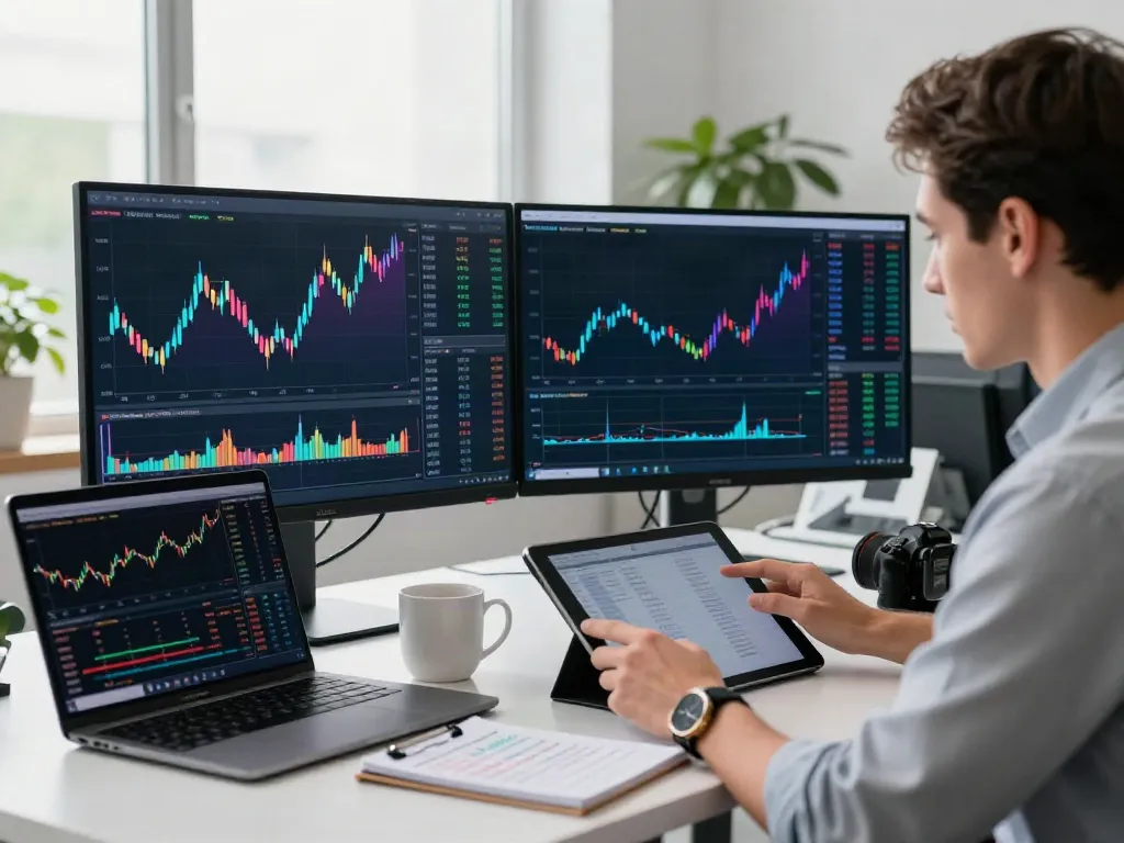 Trader utilizing MetaTrader 5 in a modern office setup with multiple screens and trading charts.