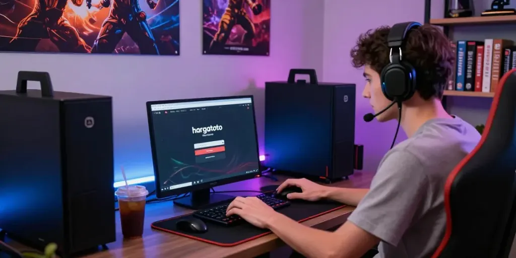User engaging with the hargatoto login interface on a laptop in a vibrant gaming setup.