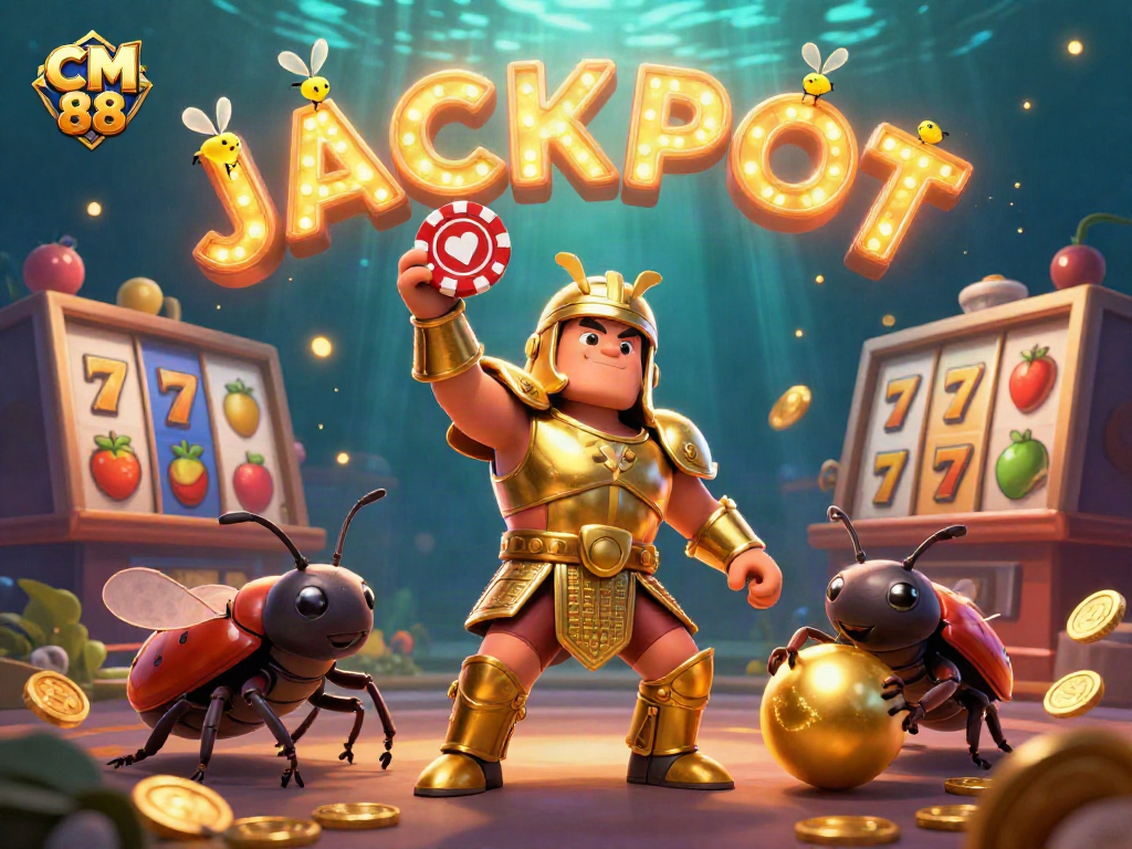 Engage with the CM 88 casino scene featuring cartoon beetles celebrating a jackpot with vibrant gaming elements.
