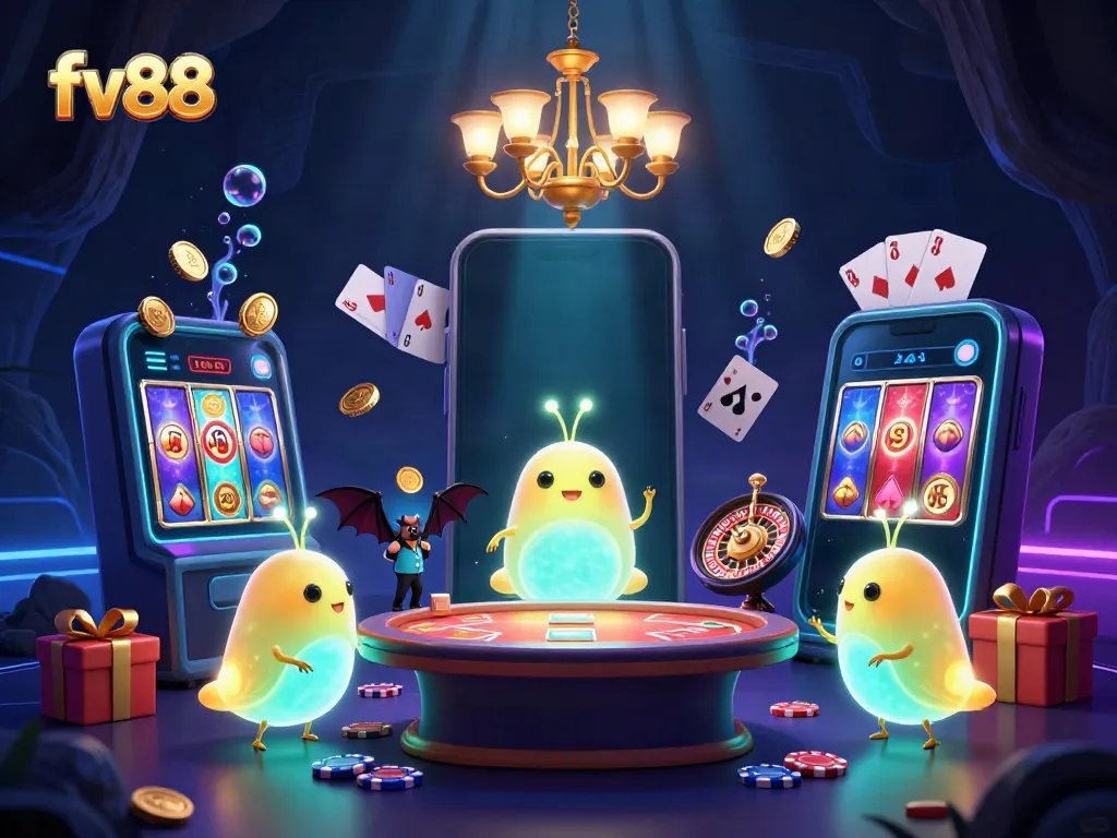 Experience an enchanting fv88 casino scene illuminated by glowworms, featuring vibrant slot games and golden coins.
