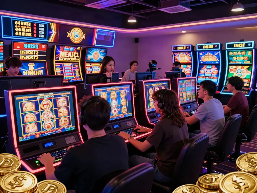 Players enjoying vibrant slot maxwin games in an exciting online casino atmosphere.