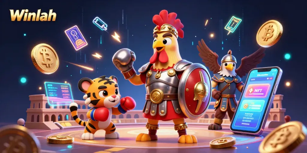 Winlah features a 3D cartoon gladiator rooster amidst neon cryptocurrency symbols, showcasing a lively casino scene.