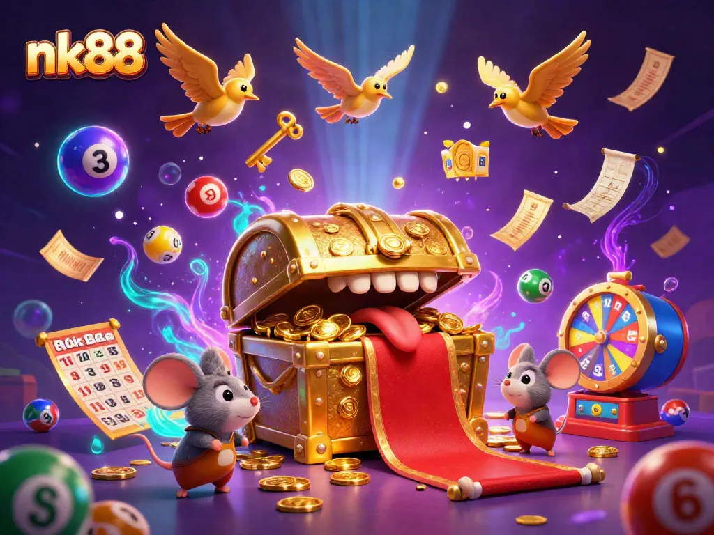 Experience thrilling gameplay with nk88's treasure chest luring adventurer mice in a vibrant casino scene.