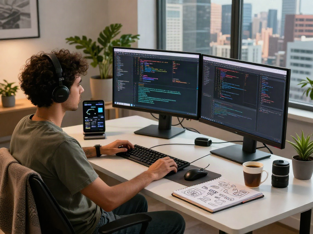 Software engineer using an AI detector in a modern workspace filled with tech gadgets and monitors.