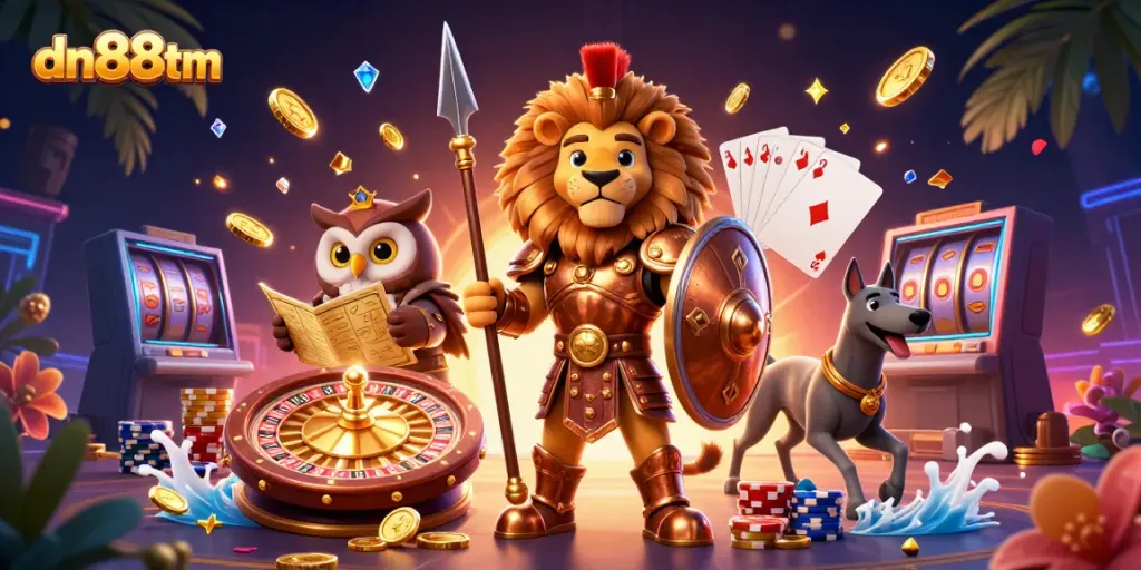 Spin to win big at dn88tm casino featuring a Spartan lion and dynamic gameplay elements.