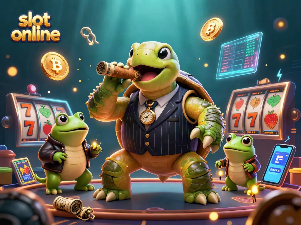 Try your luck and spin the reels at this slot online casino featuring animated characters and vibrant neon elements.