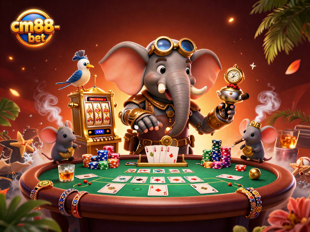 Engage with thrilling games at cm88-bet featuring a steampunk casino scene with vibrant visuals.