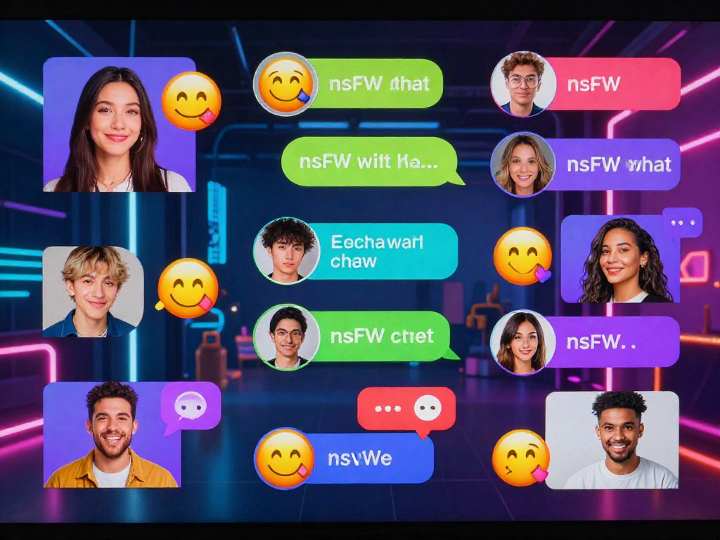 Dynamic nsfw chat scene depicting diverse avatars in a vibrant digital environment, showcasing engaging online interactions.
