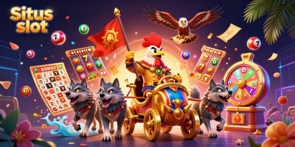 Situs slot thrilling action scene with dynamic colorful elements including slot reels and lucky symbols.