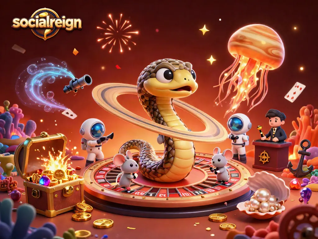 Socialreign invites bettors to wager in an epic cosmic casino scene featuring a roulette wheel.