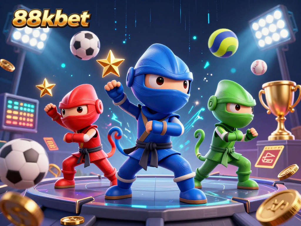Engage with 88kbet as colorful chameleon ninjas perform dynamic moves in an exciting casino scene.