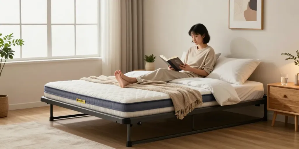 A comfortable folding bed with mattress in a cozy room, perfect for guests and small spaces.