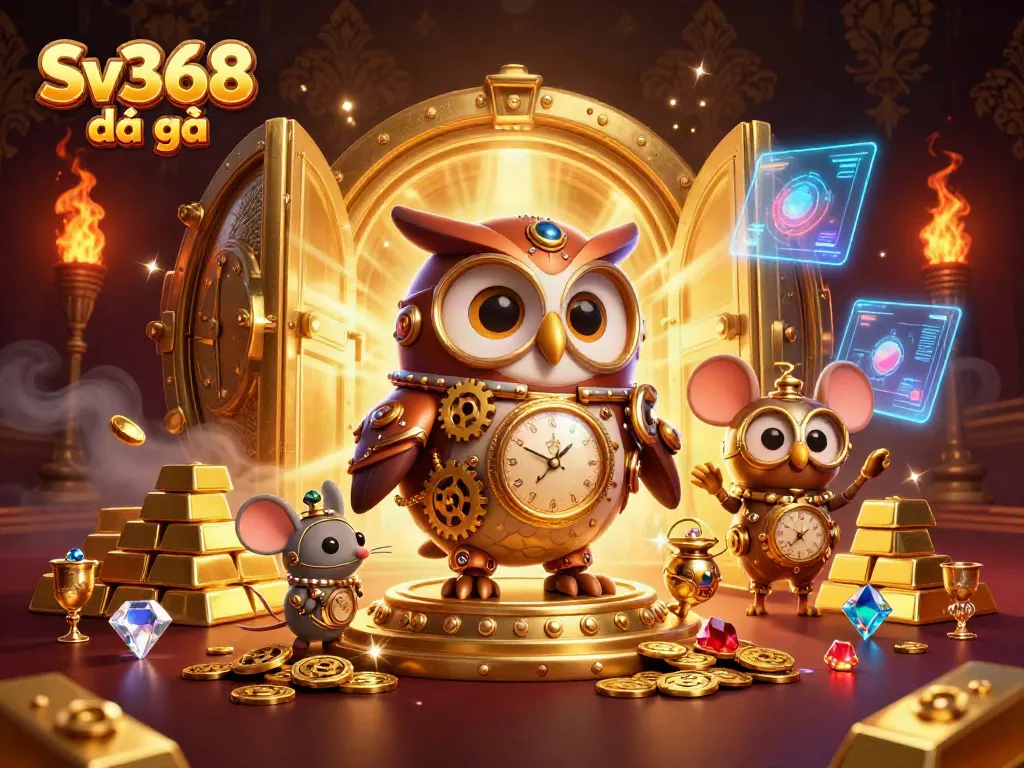 Sv368 đá gà showcases an exciting and colorful steampunk casino scene filled with treasures and vibrant characters.