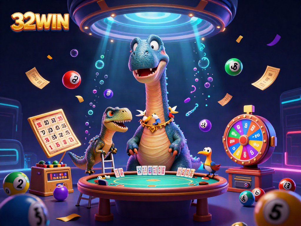 Experience thrilling gaming like never before with 32WIN's dynamic cartoon casino illustration.