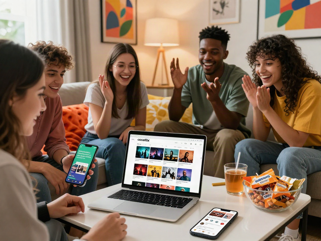Friends exploring cocoflix on a laptop in a cozy living room.