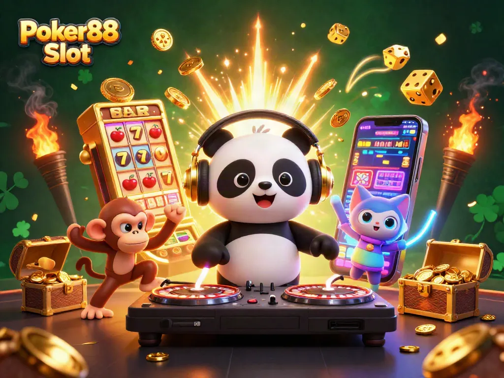 Experience excitement with Poker88 Slot, featuring vibrant characters and a jackpot explosion in a dynamic casino illustration.