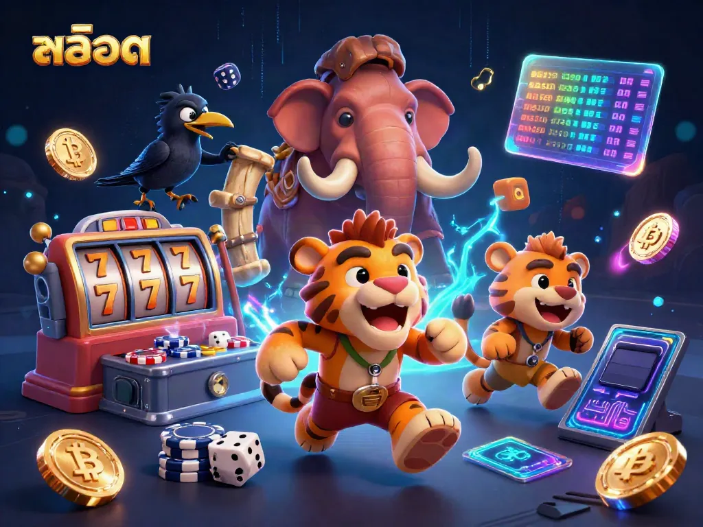 Catch exciting สล็อต action in this vibrant prehistoric casino scene with unique characters.