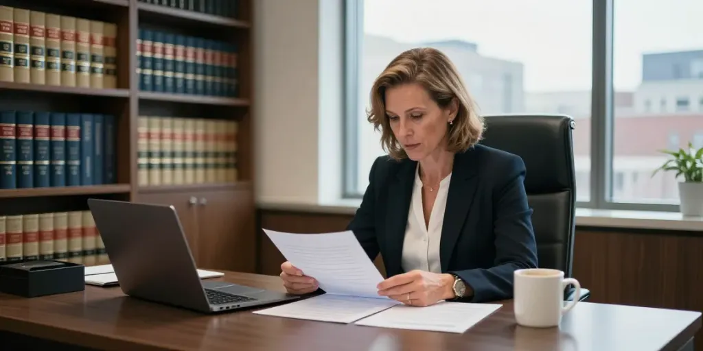 Karen McCleave lawyer reviewing legal documents in her modern office.