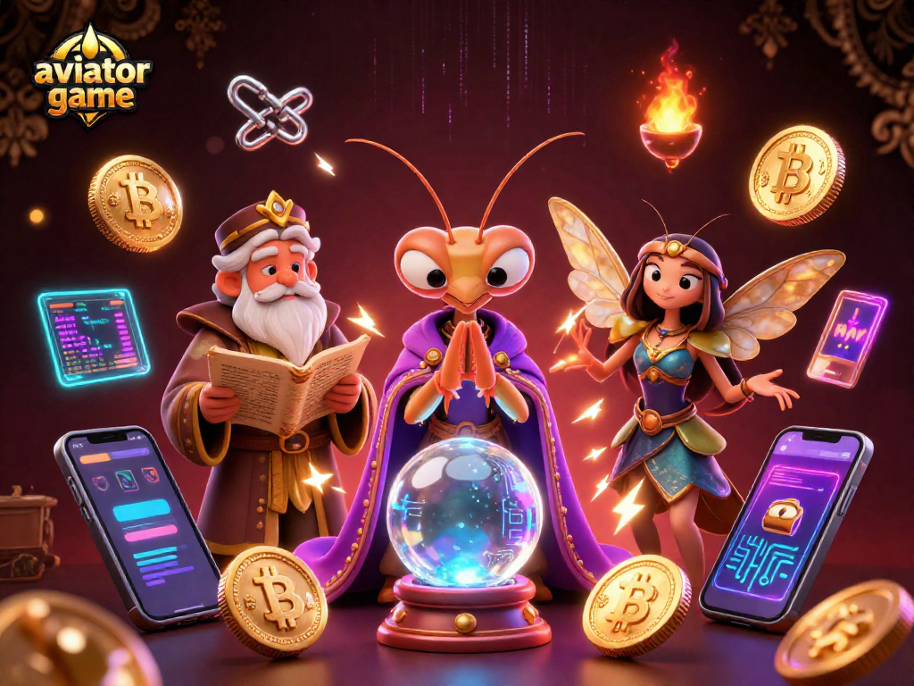 Aviator game showcases engaging characters predicting wins with glowing crypto coins.