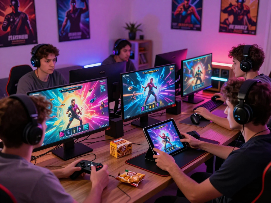 Players enjoying immersive porn games on various devices in a cozy gaming setup.