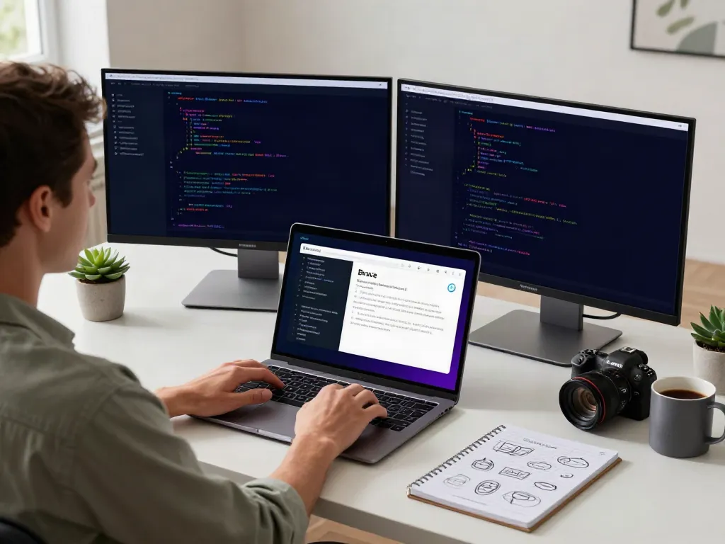 Engaged user utilizing brave浏览器 on a modern tech workspace with multiple screens