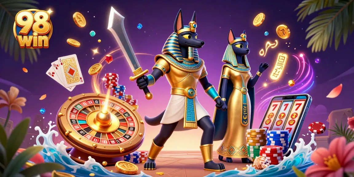 Experience the excitement of 98 win with Anubis and Bastet amidst cascading coins and a vibrant casino atmosphere.
