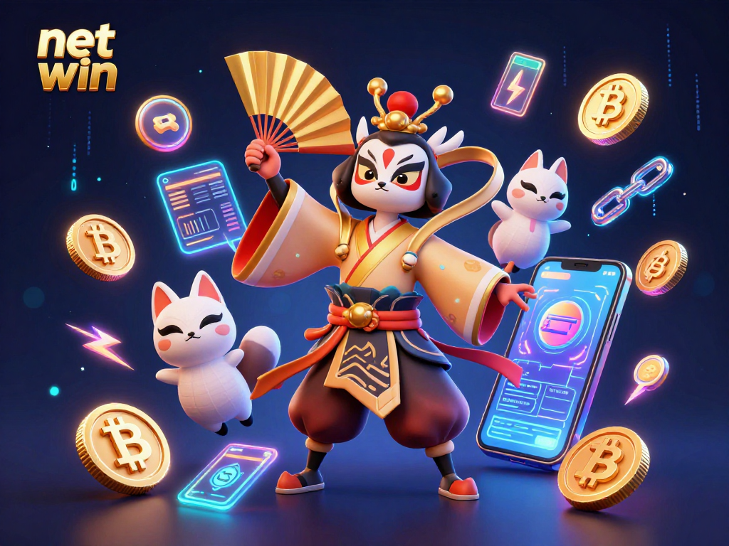Engage with net win through a vibrant 3D casino scene featuring kabuki characters and crypto elements.