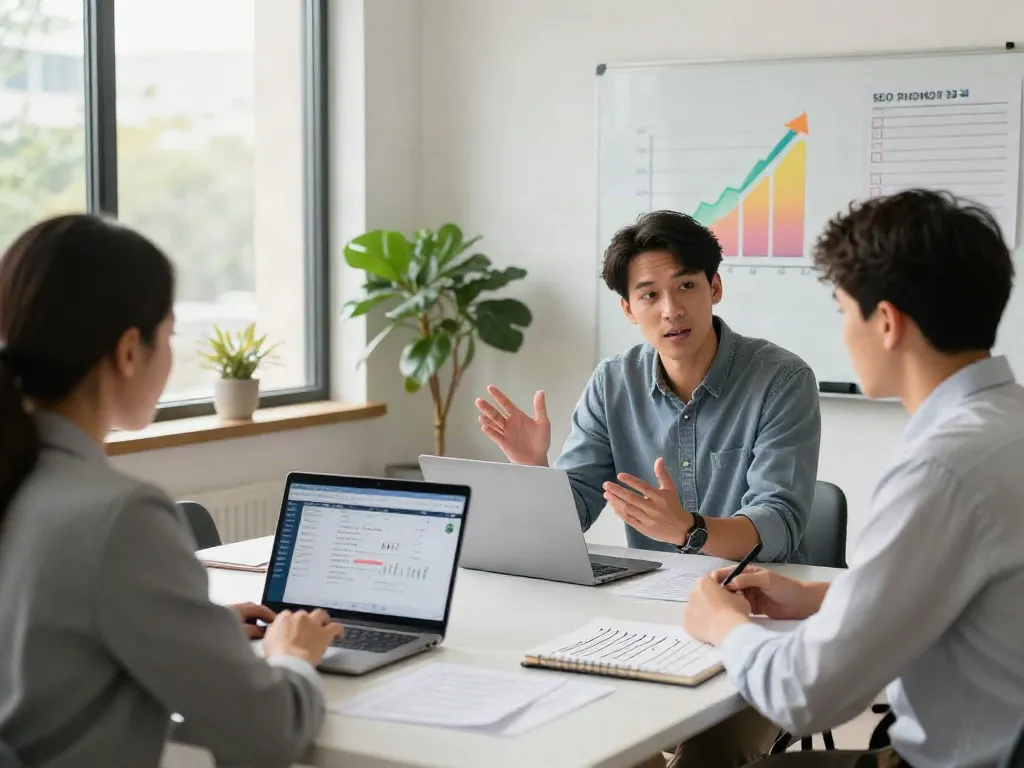 who should I hire for my small business SEO consultation showcasing SEO expert discussing strategies with a business owner in a bright conference room