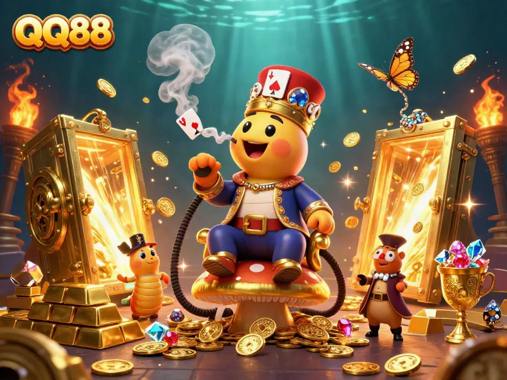 Experience the excitement of QQ88 with a vibrant casino-themed illustration featuring a hookah-master and treasure.