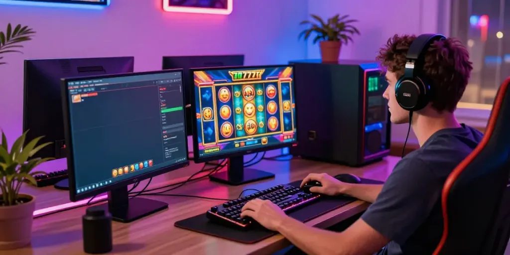 Engaging gaming moment of a player enjoying link slot777 online game with vibrant graphics and accessories.