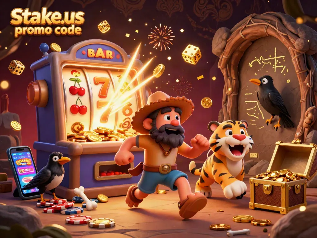 Play with the latest stake.us promo code for exclusive bonus offers in this vibrant 3D casino scene.