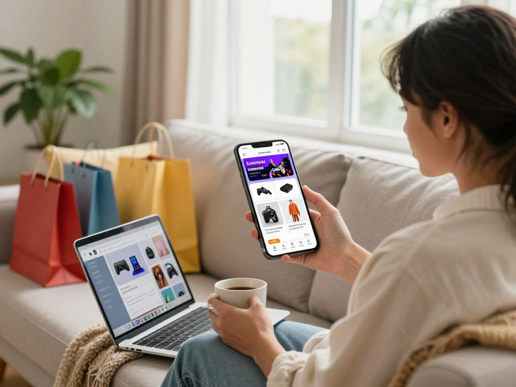 Pengalaman belanja online interaktif dengan bos88 alternatif di aplikasi smartphone, menampilkan berbagai produk dan suasana santai.