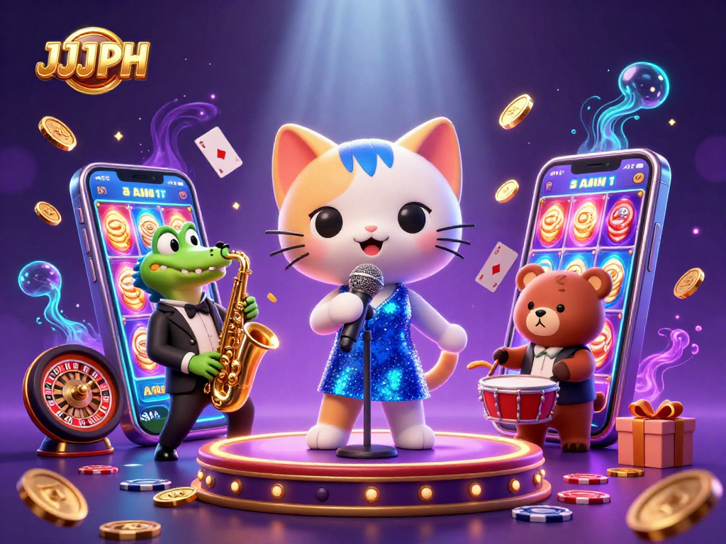 Engage with the vibrant JJJPH casino scene featuring animated characters amidst exciting gaming elements.