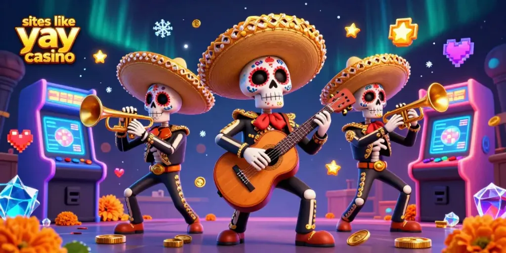 Engage with sites like yay casino through vibrant 3D illustration of a mariachi band amidst colorful casino games.