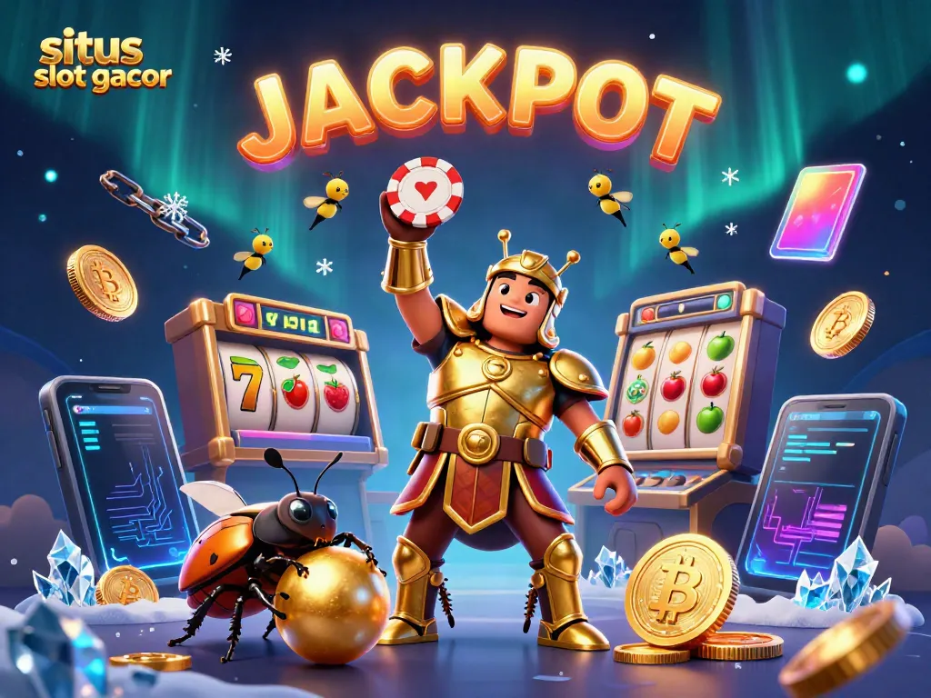 Gambar ilustrasi 3D situs slot gacor dengan salju, jackpot, dan karakter unik dalam suasana kasino yang menggairahkan.