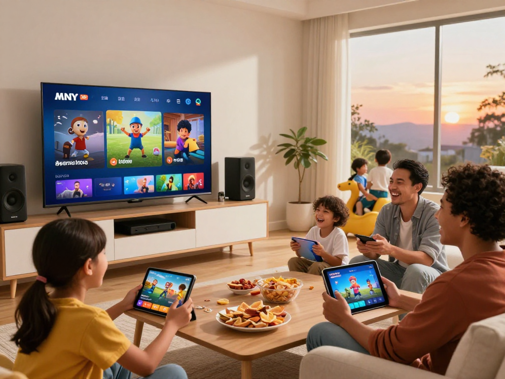 Gezellige woonkamer met gezin dat aan het genieten is van nederland iptv op een Smart TV met hoge kwaliteit.