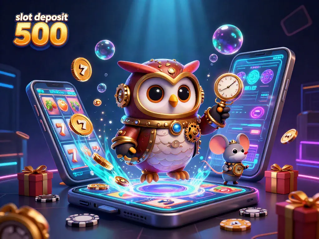 Engage in thrilling action with slot deposit 500 as a vibrant owl and mouse celebrate a casino jackpot.