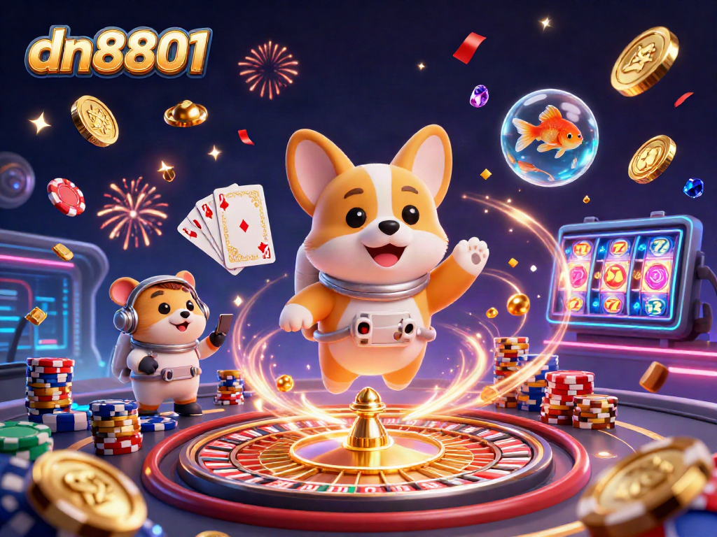Experience the thrill of dn8801 with floating poker chips and a vibrant space casino atmosphere.